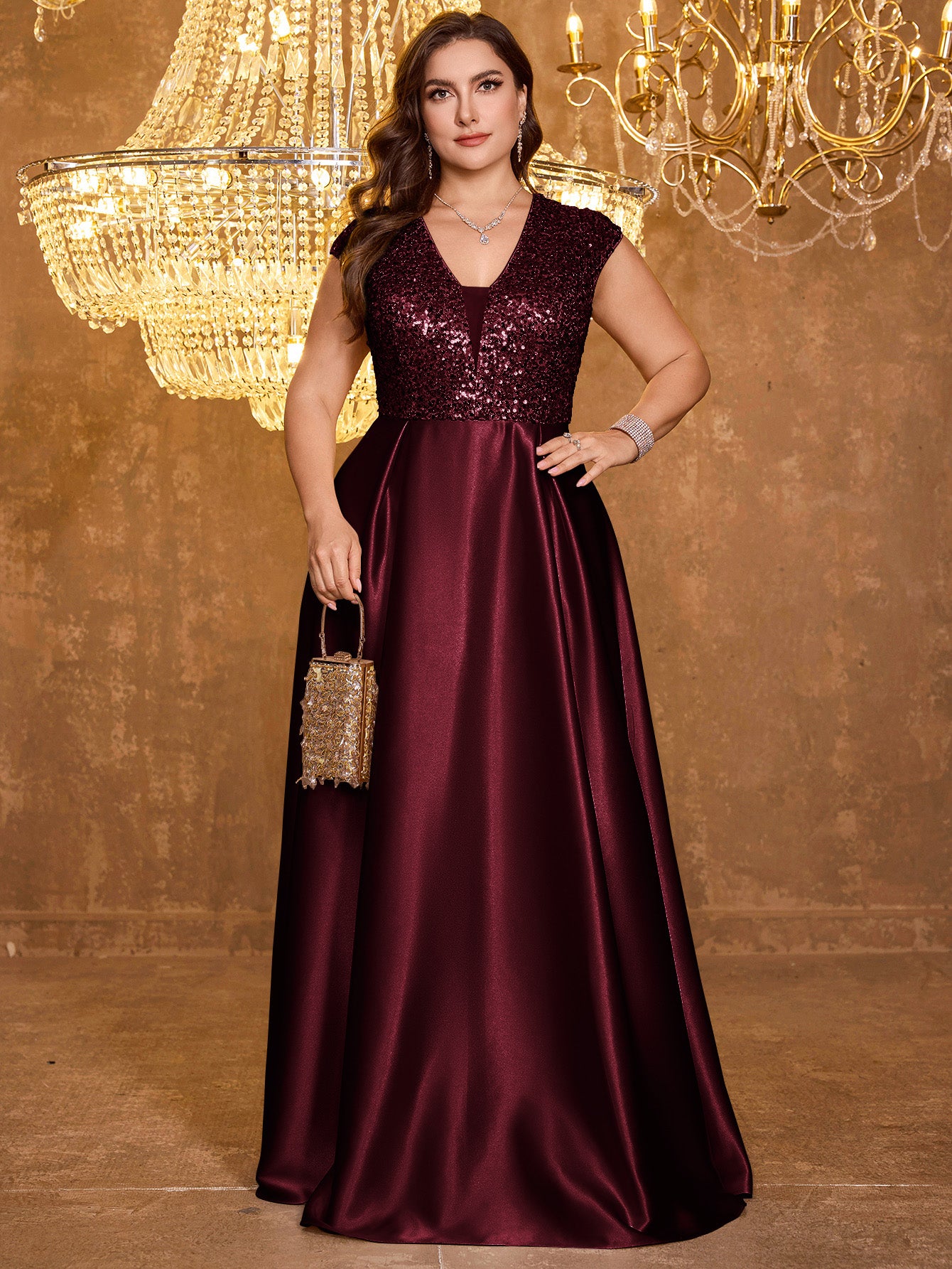 Elegant V-neck Short Sleeved Patchwork Oversized Skirt Long Sequined Dress
