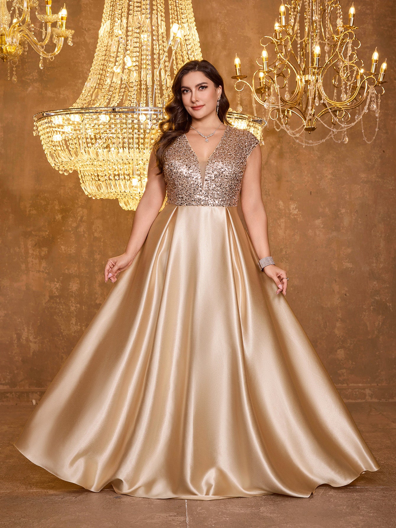 Elegant V-neck Short Sleeved Patchwork Oversized Skirt Long Sequined Dress