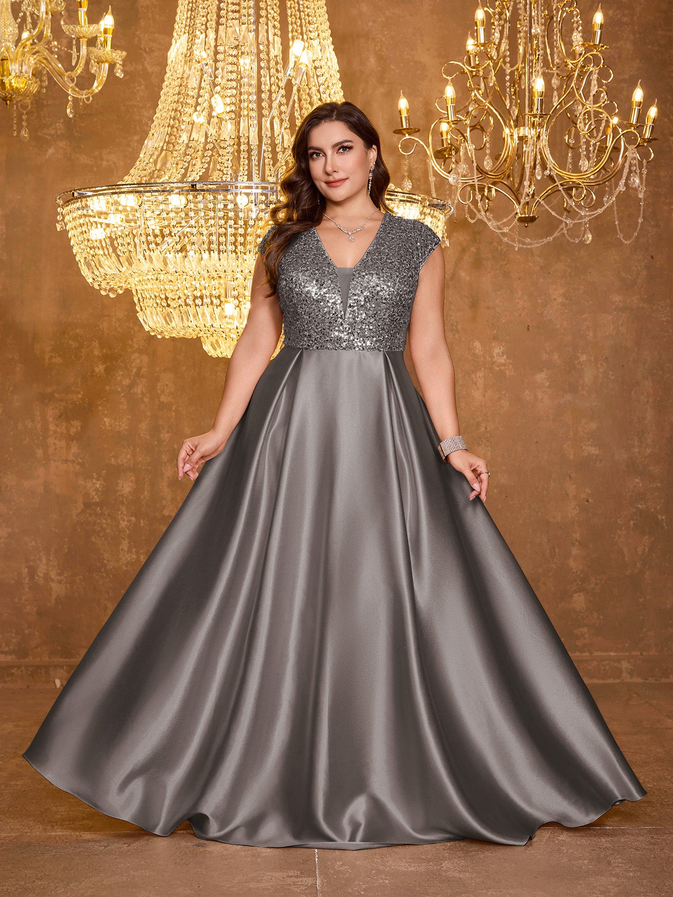 Elegant V-neck Short Sleeved Patchwork Oversized Skirt Long Sequined Dress