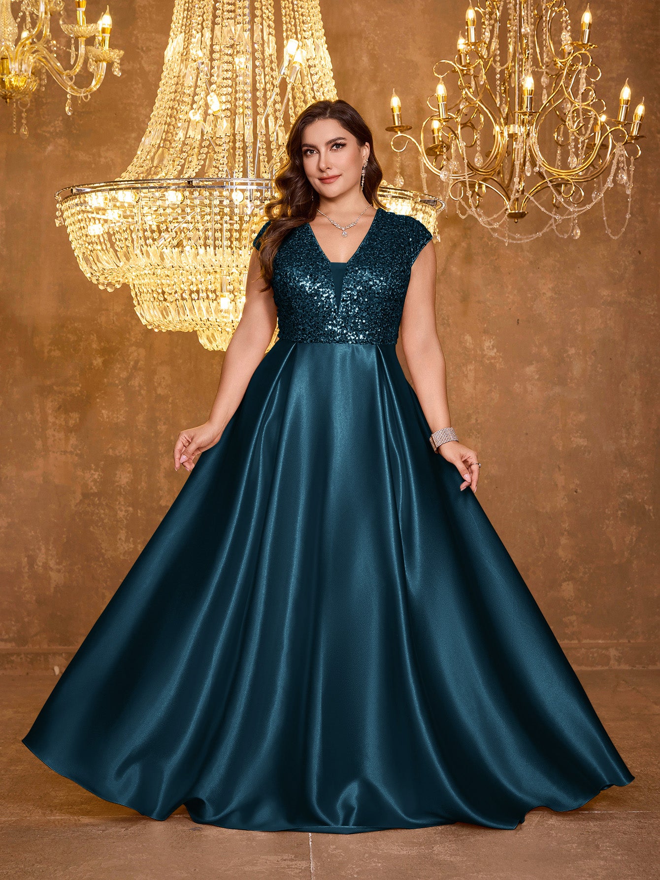 Elegant V-neck Short Sleeved Patchwork Oversized Skirt Long Sequined Dress