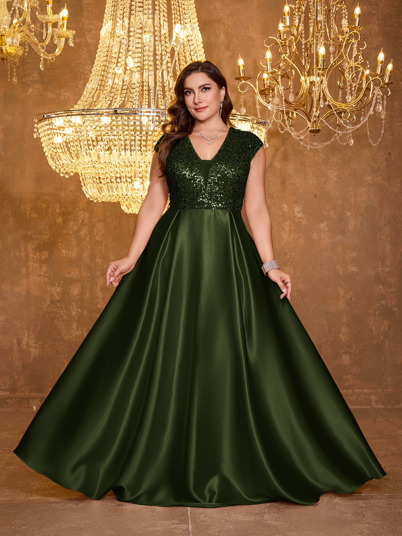 Elegant V-neck Short Sleeved Patchwork Oversized Skirt Long Sequined Dress