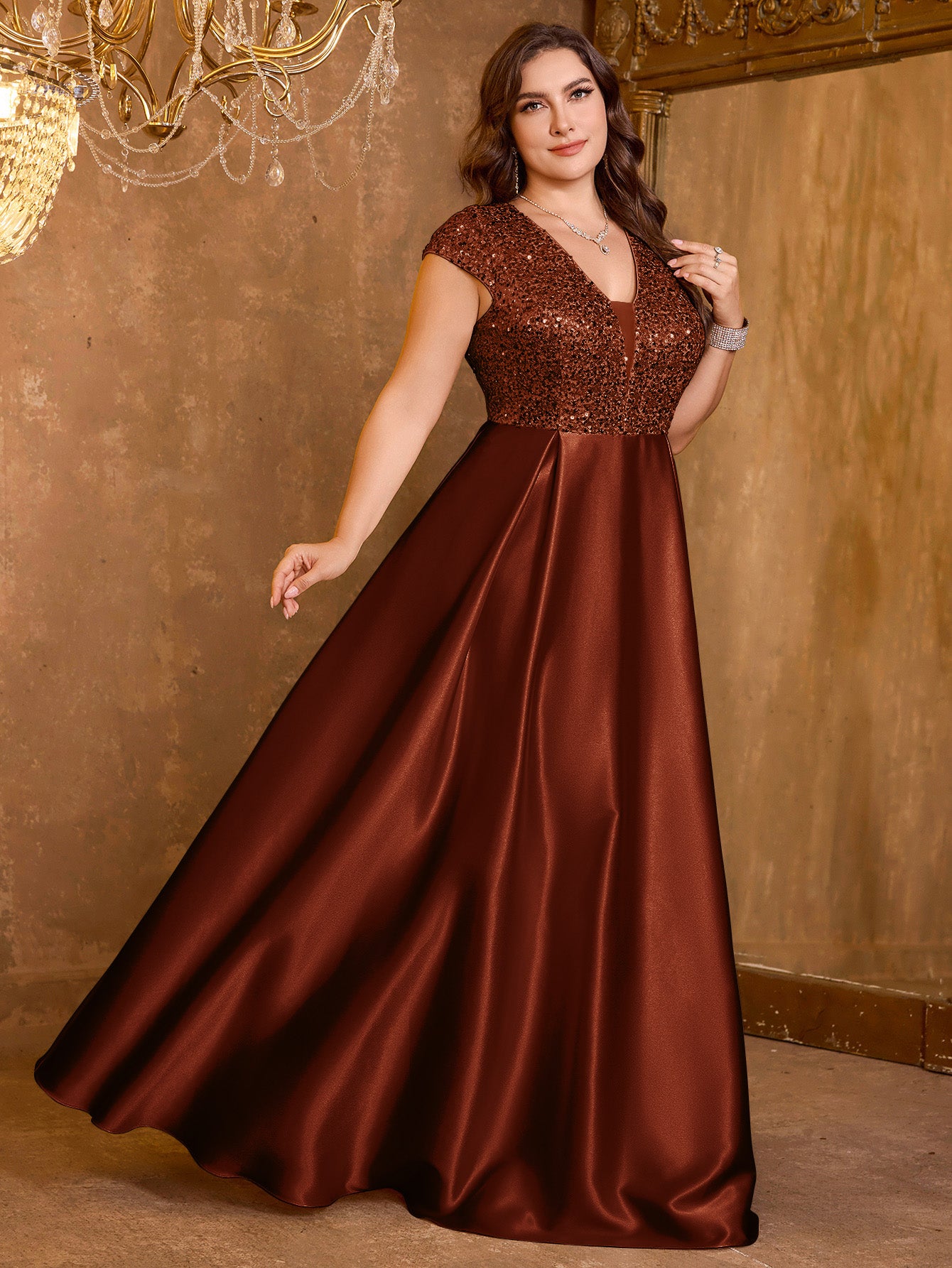Elegant V-neck Short Sleeved Patchwork Oversized Skirt Long Sequined Dress