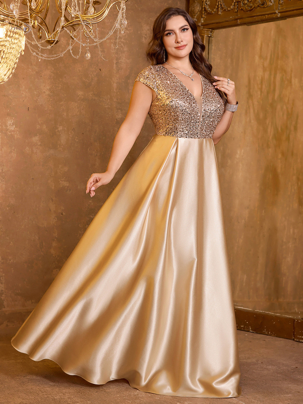 Elegant V-neck Short Sleeved Patchwork Oversized Skirt Long Sequined Dress