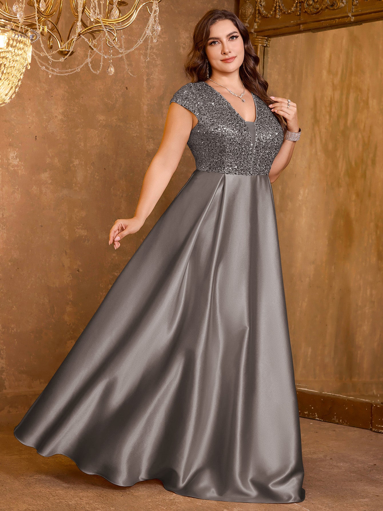 Elegant V-neck Short Sleeved Patchwork Oversized Skirt Long Sequined Dress