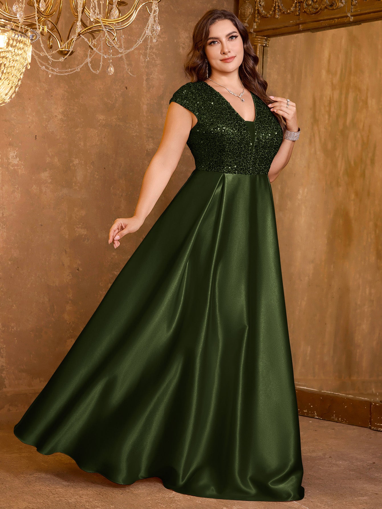 Elegant V-neck Short Sleeved Patchwork Oversized Skirt Long Sequined Dress