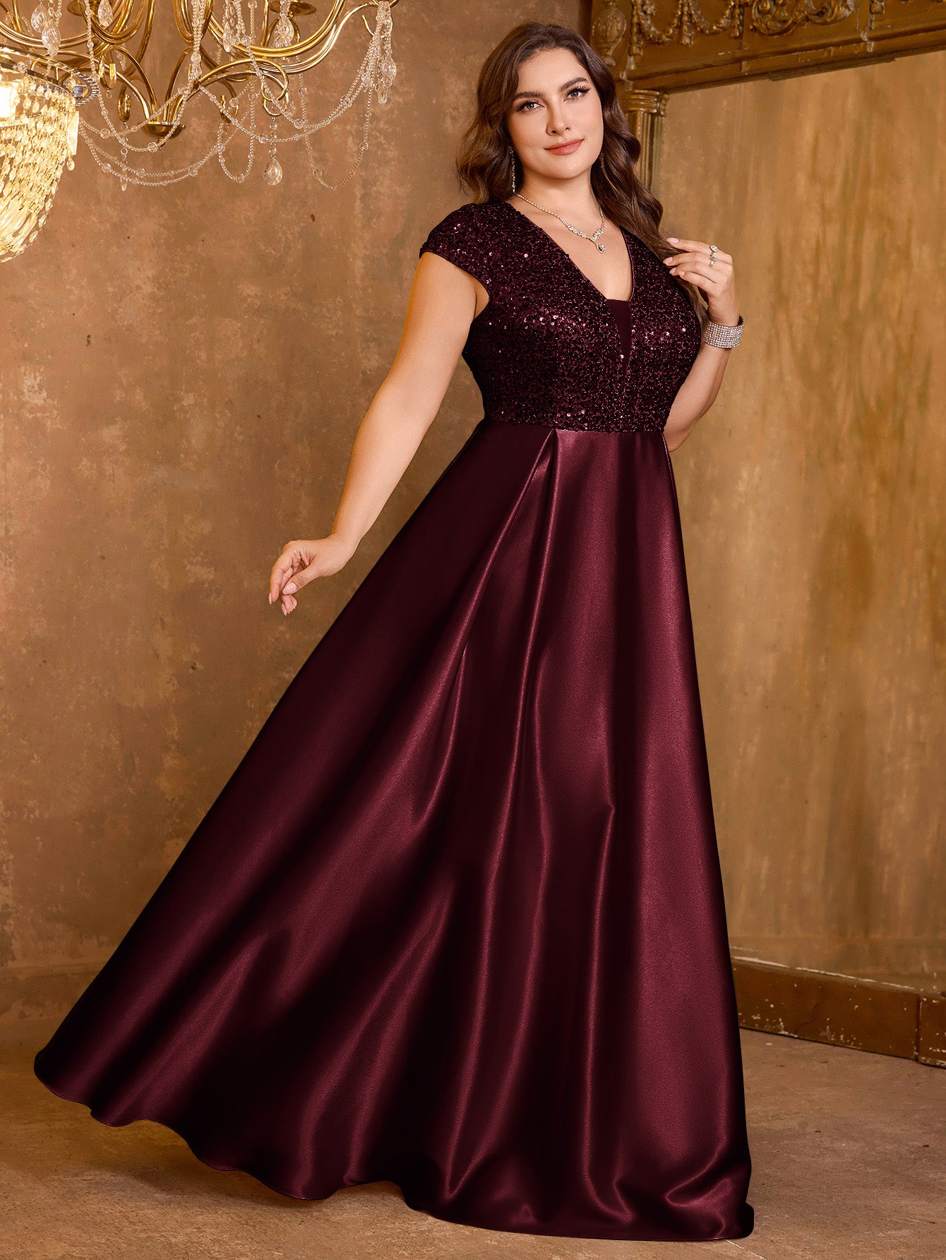 Elegant V-neck Short Sleeved Patchwork Oversized Skirt Long Sequined Dress