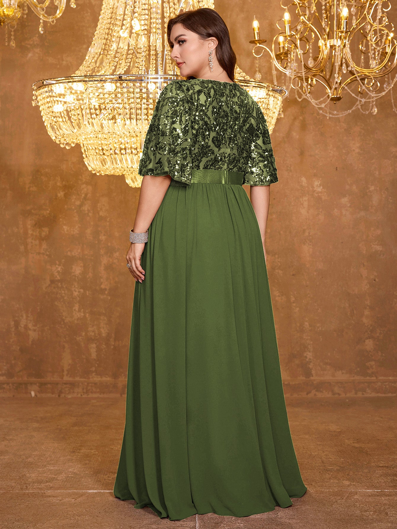 Elegant Formal Round Neck Lotus Leaf Five Quarter Sleeve Sequin Splicing Mesh Elegant Long Dress