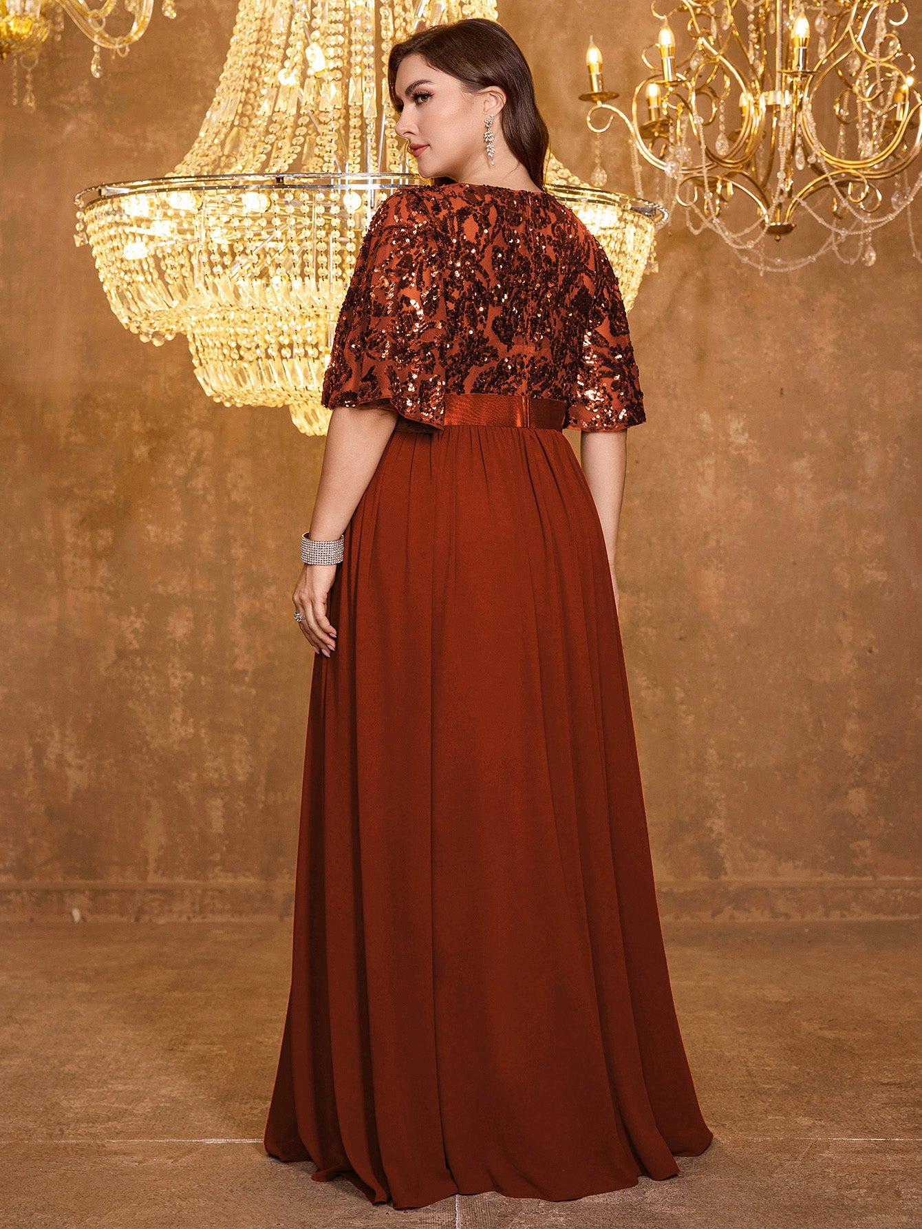 Elegant Formal Round Neck Lotus Leaf Five Quarter Sleeve Sequin Splicing Mesh Elegant Long Dress