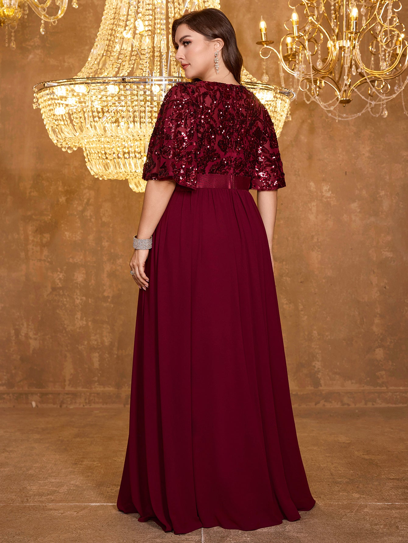 Elegant Formal Round Neck Lotus Leaf Five Quarter Sleeve Sequin Splicing Mesh Elegant Long Dress