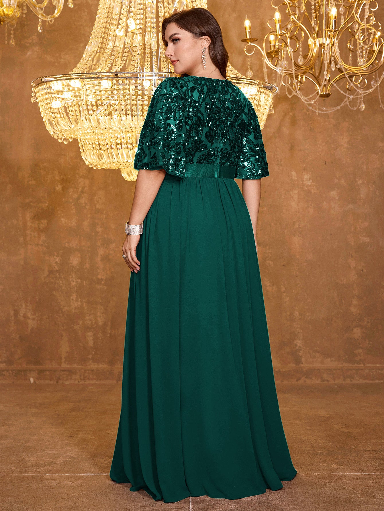 Elegant Formal Round Neck Lotus Leaf Five Quarter Sleeve Sequin Splicing Mesh Elegant Long Dress