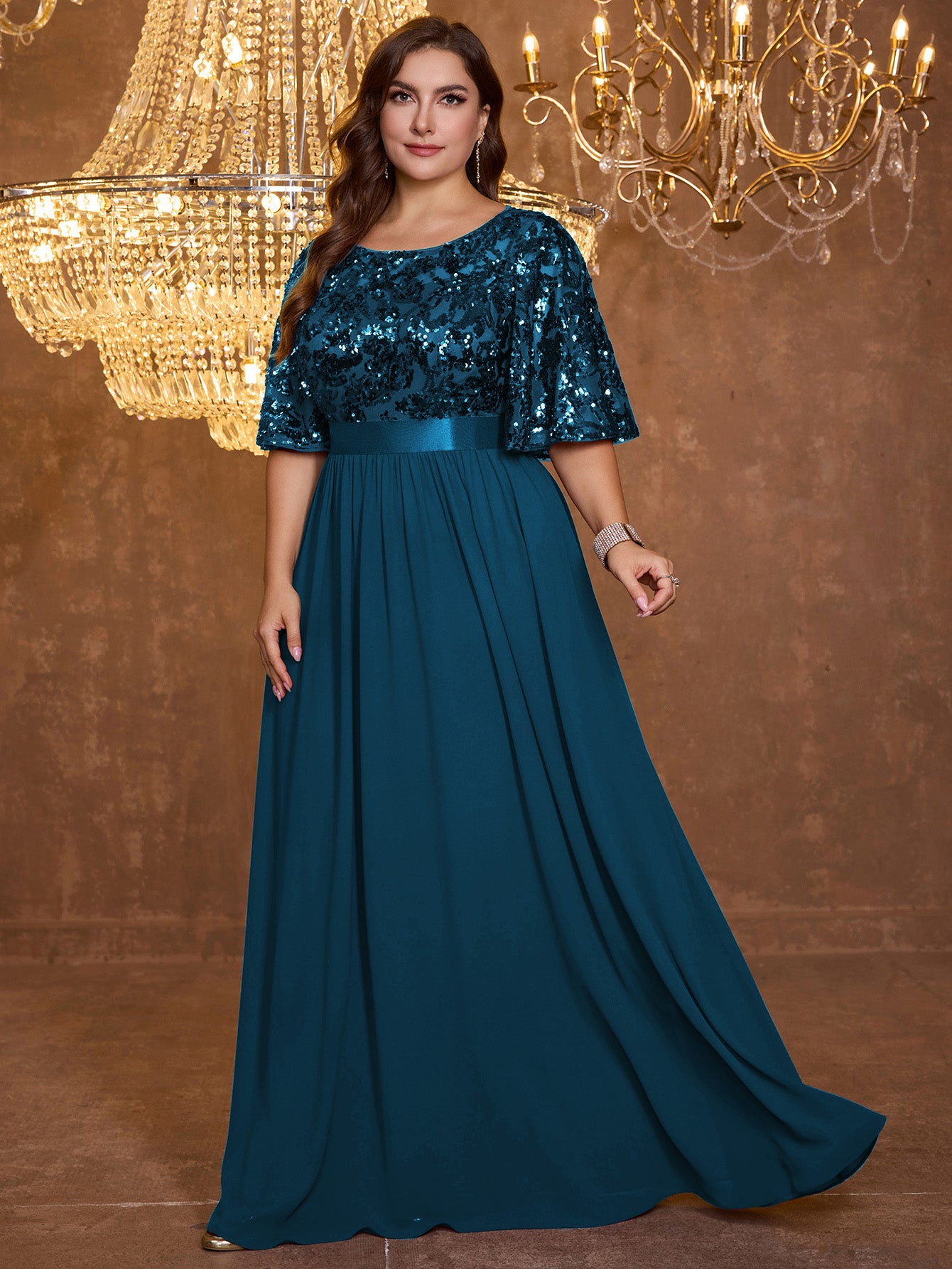 Elegant Formal Round Neck Lotus Leaf Five Quarter Sleeve Sequin Splicing Mesh Elegant Long Dress
