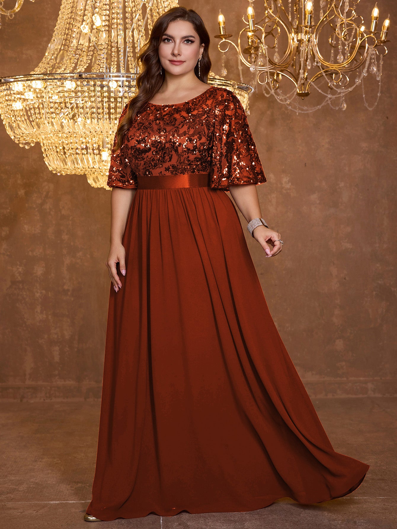 Elegant Formal Round Neck Lotus Leaf Five Quarter Sleeve Sequin Splicing Mesh Elegant Long Dress