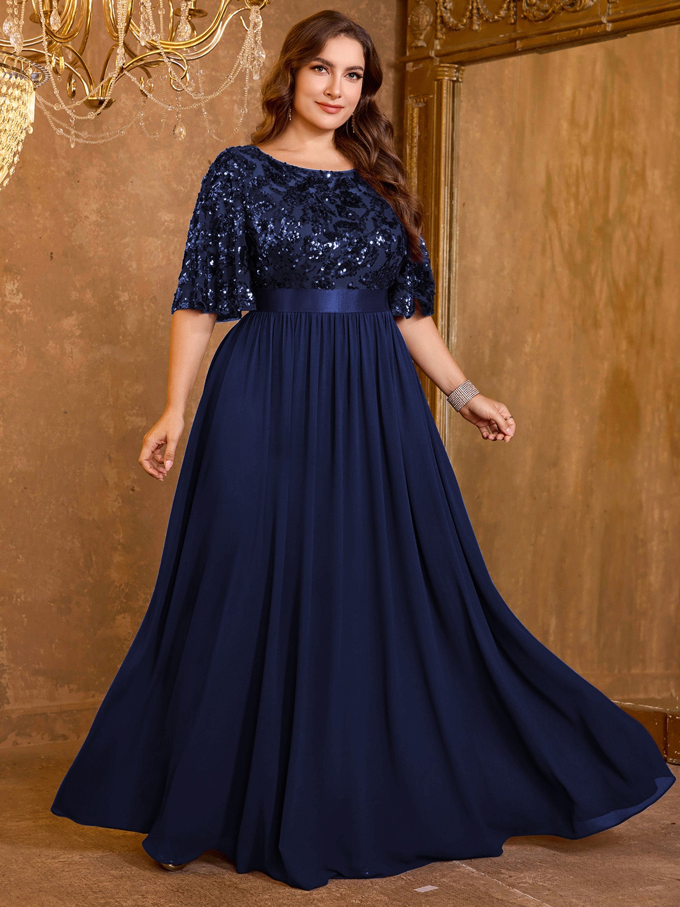 Elegant Formal Round Neck Lotus Leaf Five Quarter Sleeve Sequin Splicing Mesh Elegant Long Dress