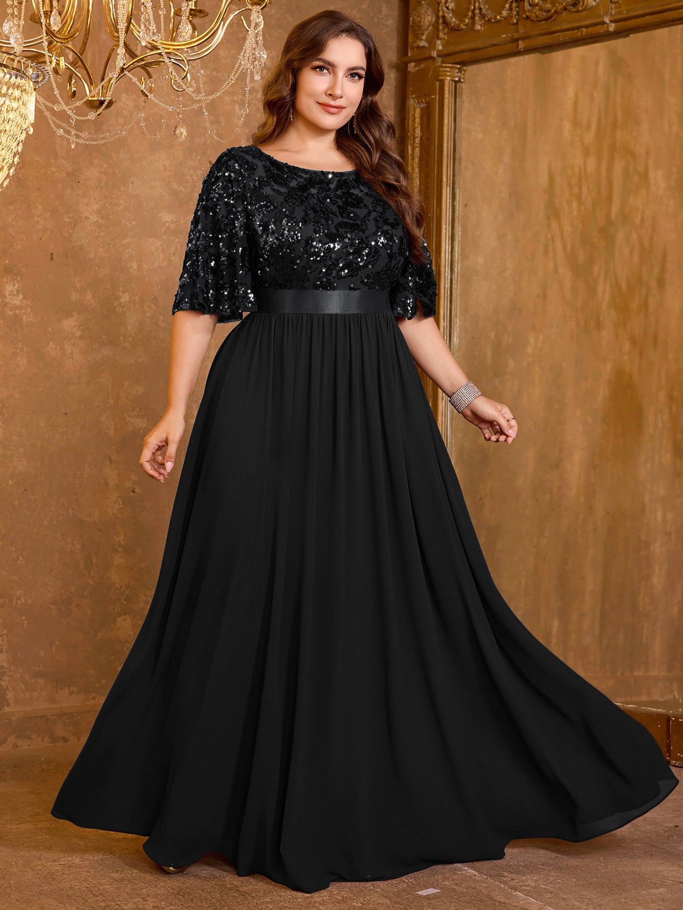 Elegant Formal Round Neck Lotus Leaf Five Quarter Sleeve Sequin Splicing Mesh Elegant Long Dress