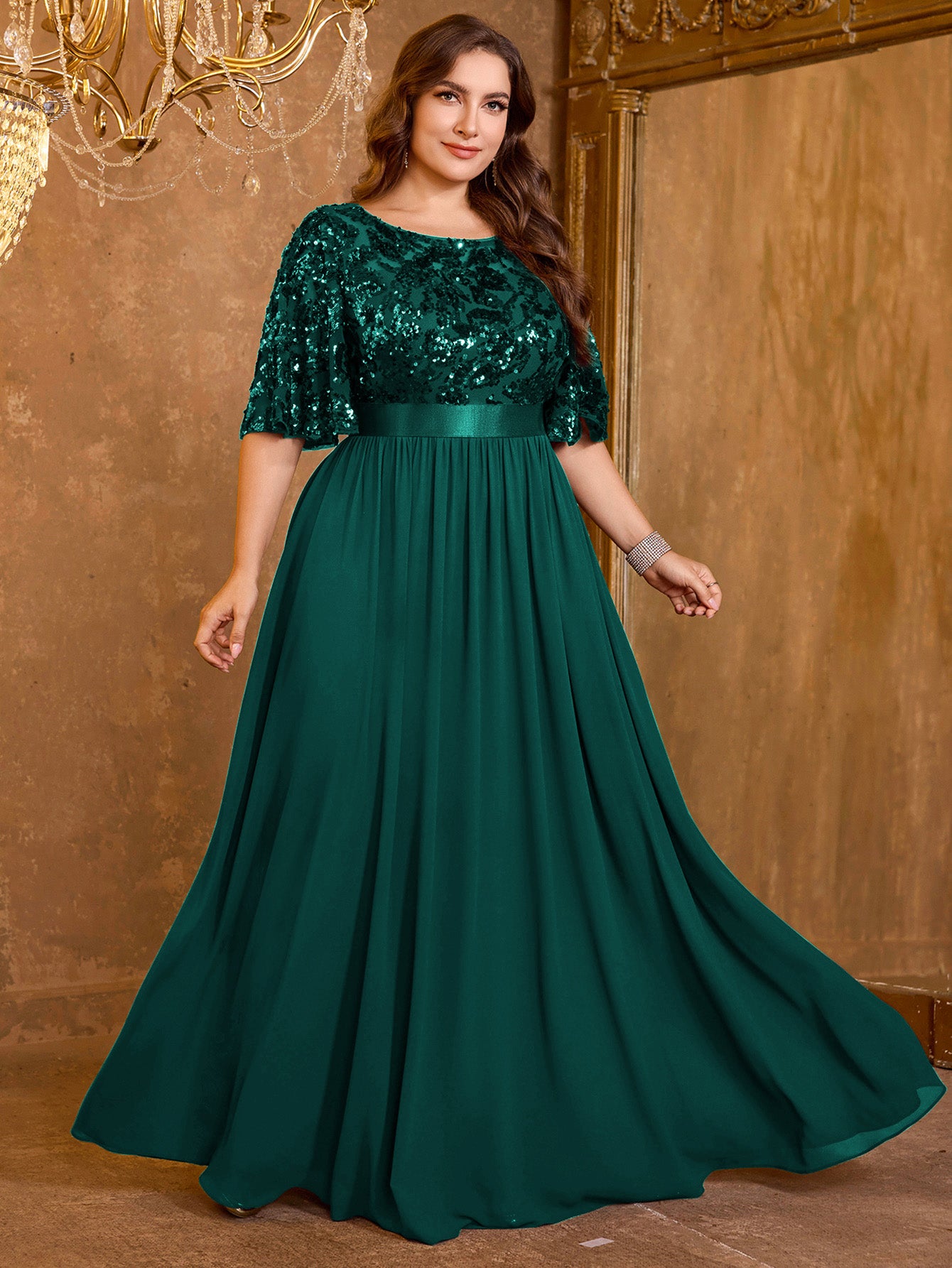Elegant Formal Round Neck Lotus Leaf Five Quarter Sleeve Sequin Splicing Mesh Elegant Long Dress