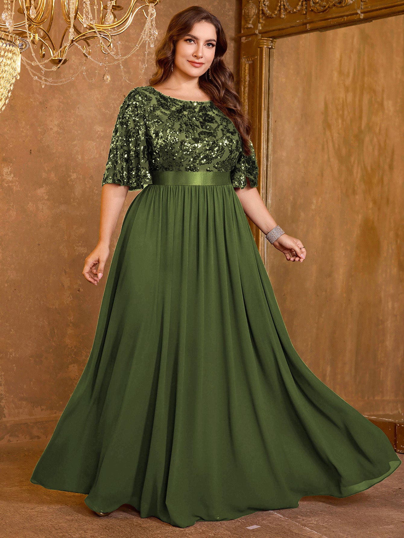 Elegant Formal Round Neck Lotus Leaf Five Quarter Sleeve Sequin Splicing Mesh Elegant Long Dress