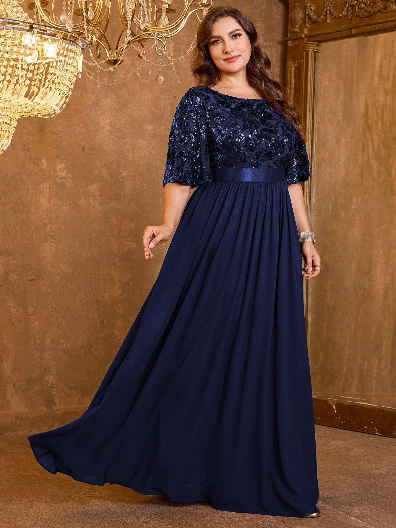 Elegant Formal Round Neck Lotus Leaf Five Quarter Sleeve Sequin Splicing Mesh Elegant Long Dress