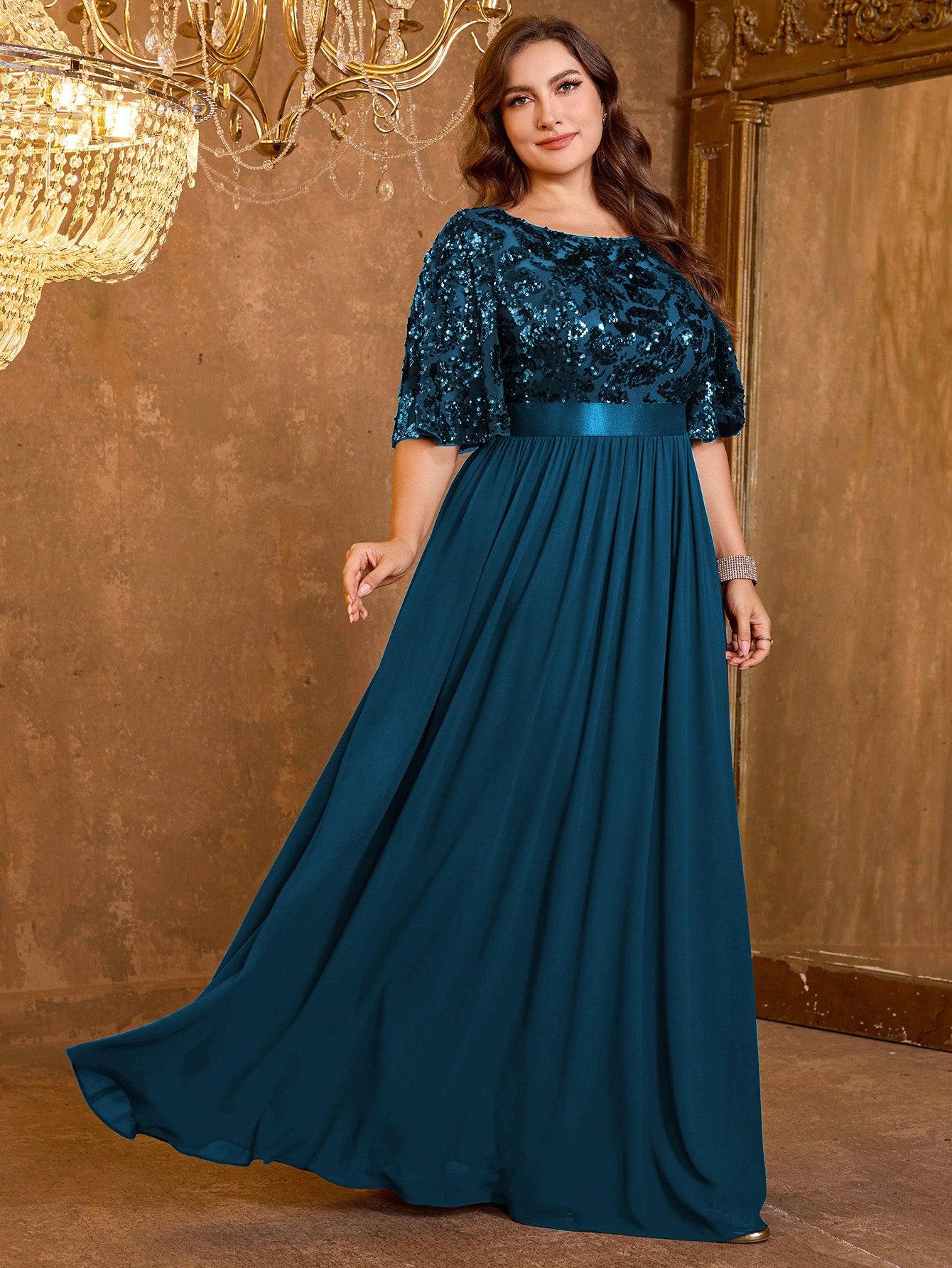 Elegant Formal Round Neck Lotus Leaf Five Quarter Sleeve Sequin Splicing Mesh Elegant Long Dress