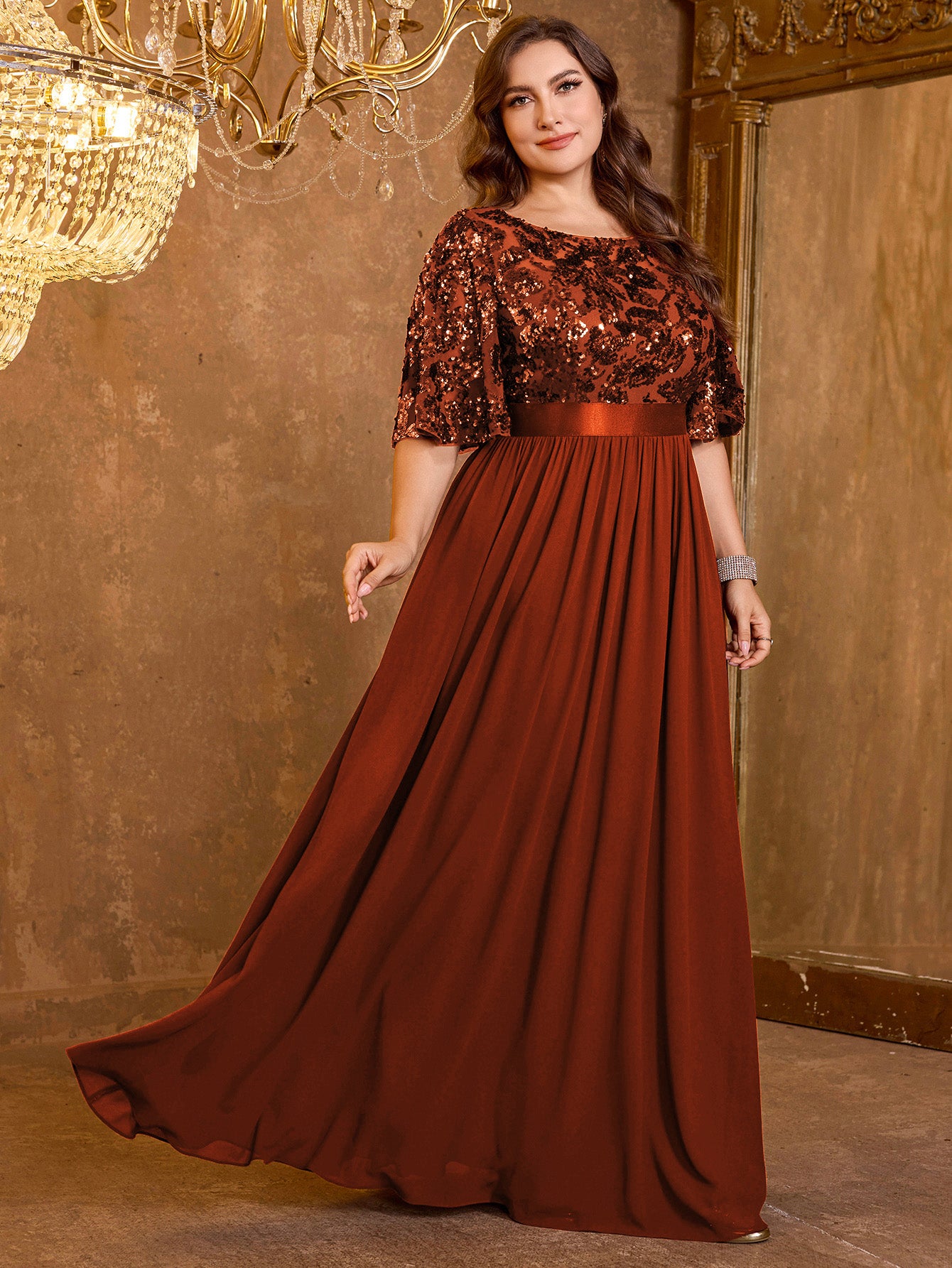 Elegant Formal Round Neck Lotus Leaf Five Quarter Sleeve Sequin Splicing Mesh Elegant Long Dress