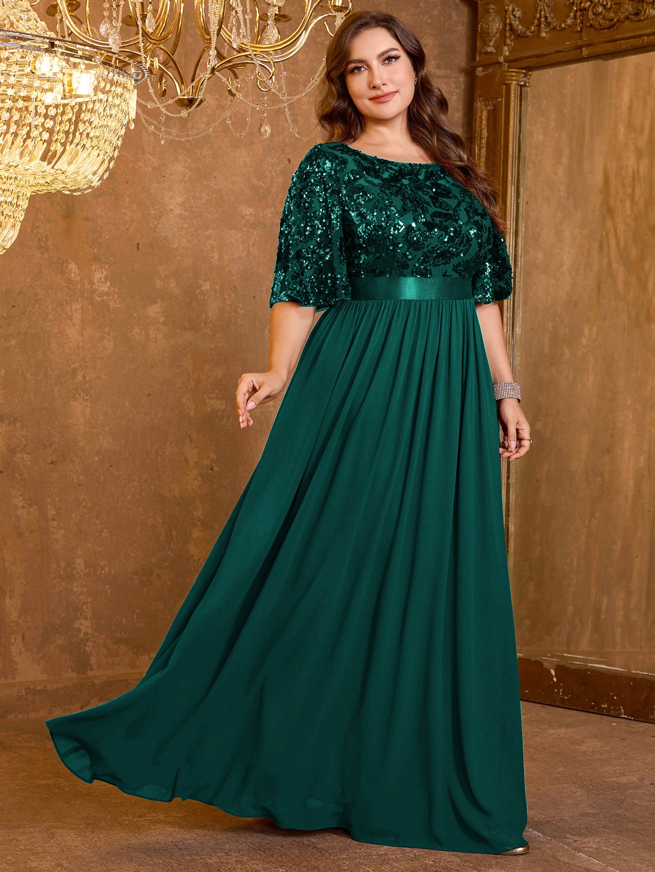 Elegant Formal Round Neck Lotus Leaf Five Quarter Sleeve Sequin Splicing Mesh Elegant Long Dress