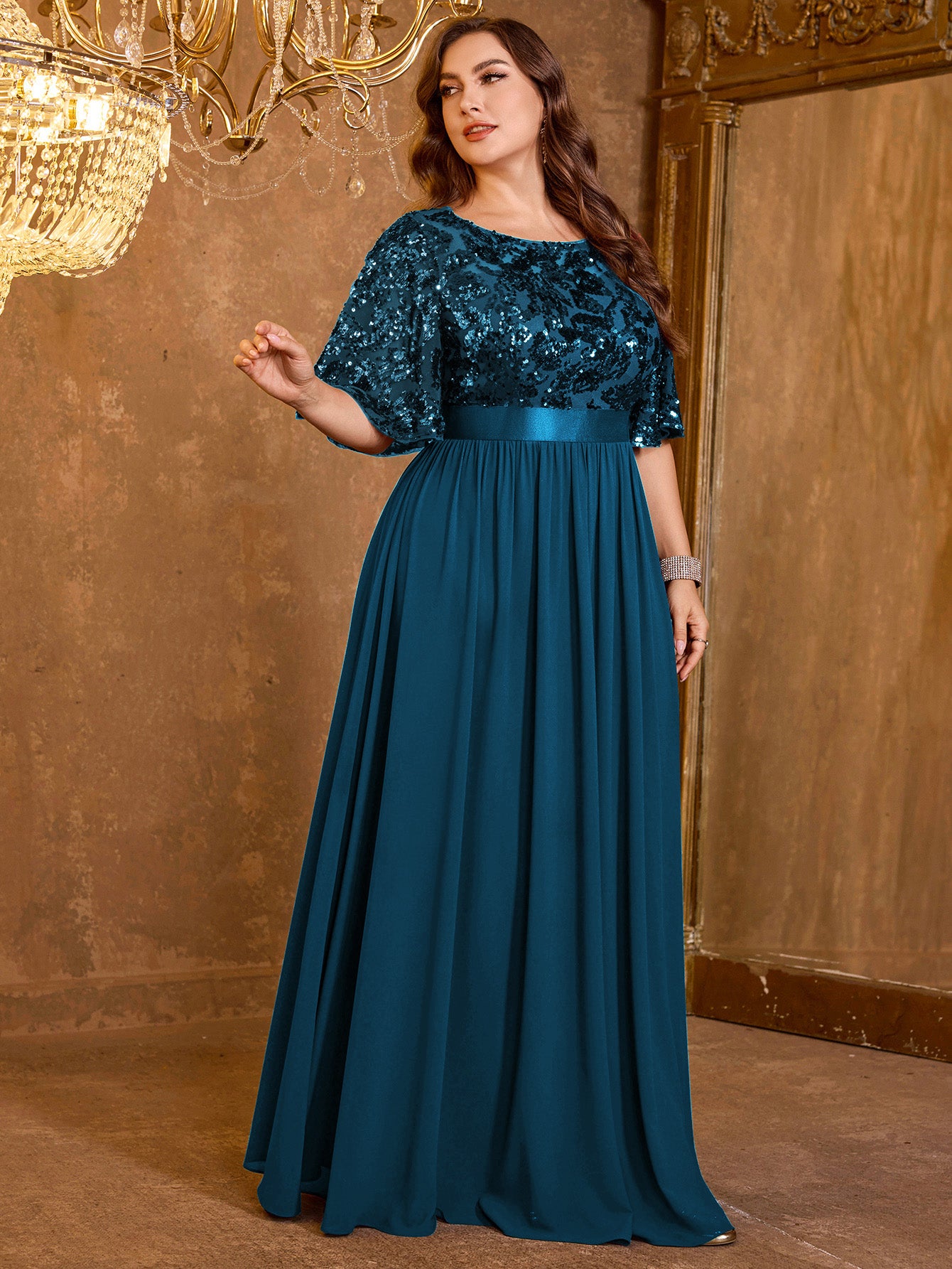 Elegant Formal Round Neck Lotus Leaf Five Quarter Sleeve Sequin Splicing Mesh Elegant Long Dress