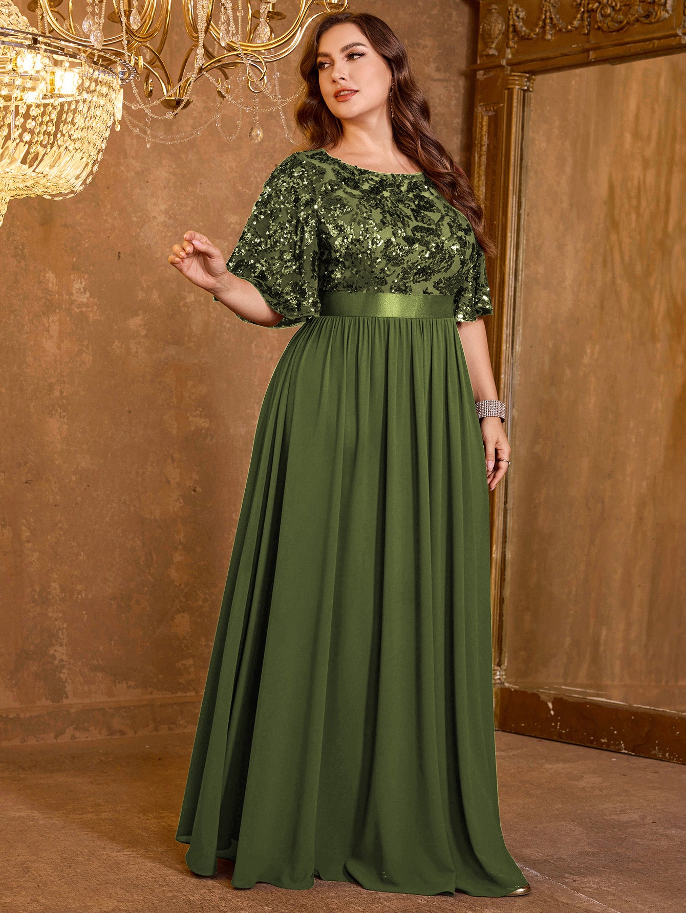 Elegant Formal Round Neck Lotus Leaf Five Quarter Sleeve Sequin Splicing Mesh Elegant Long Dress