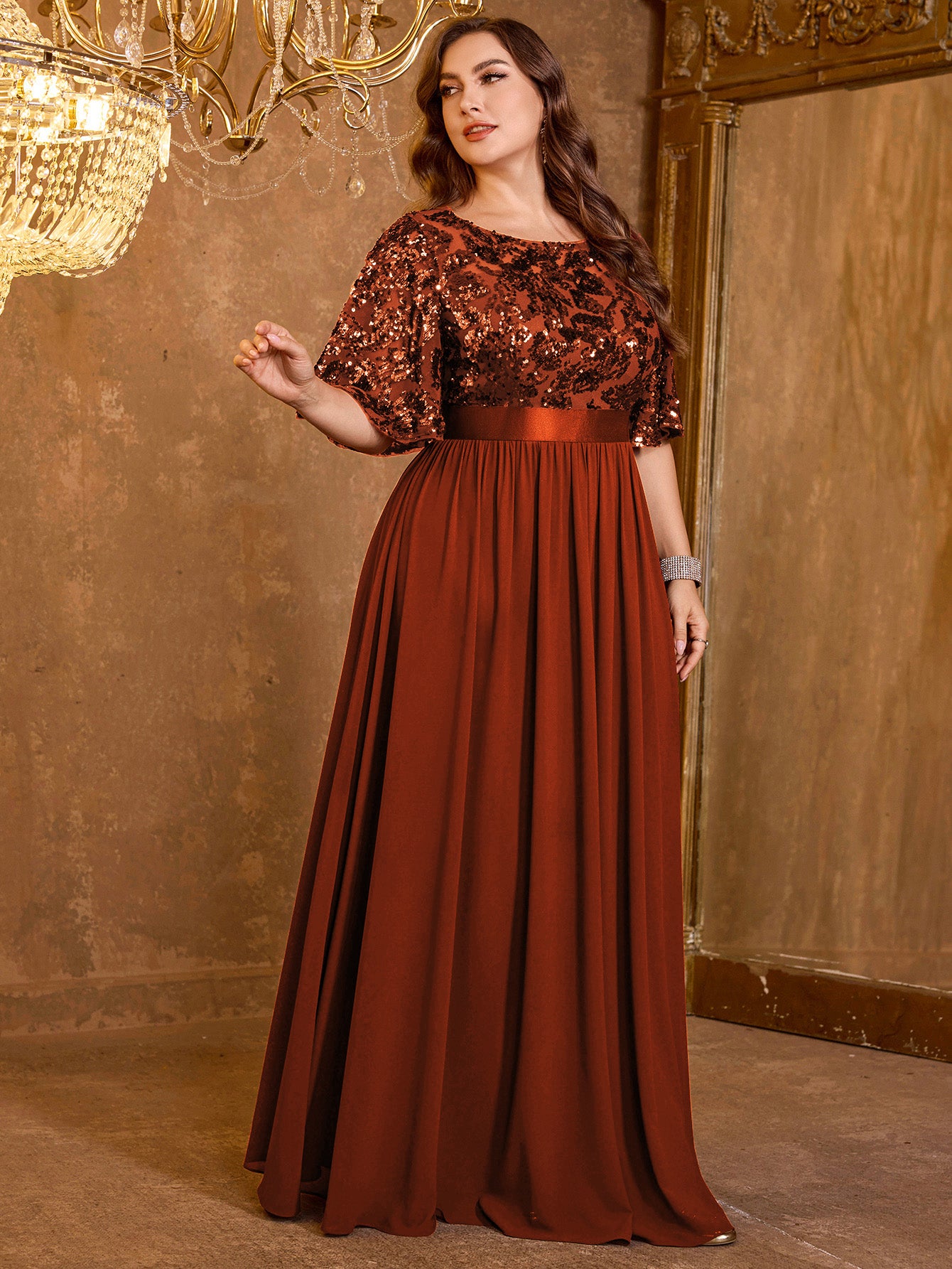 Elegant Formal Round Neck Lotus Leaf Five Quarter Sleeve Sequin Splicing Mesh Elegant Long Dress