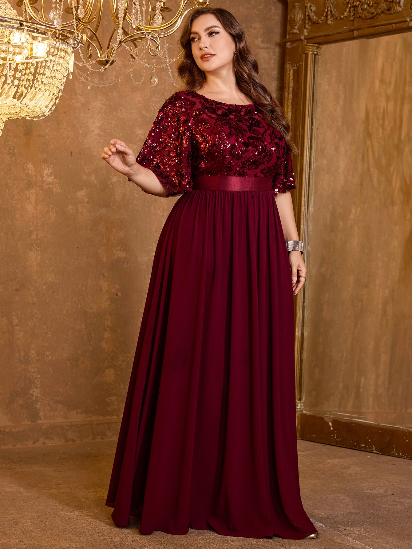 Elegant Formal Round Neck Lotus Leaf Five Quarter Sleeve Sequin Splicing Mesh Elegant Long Dress