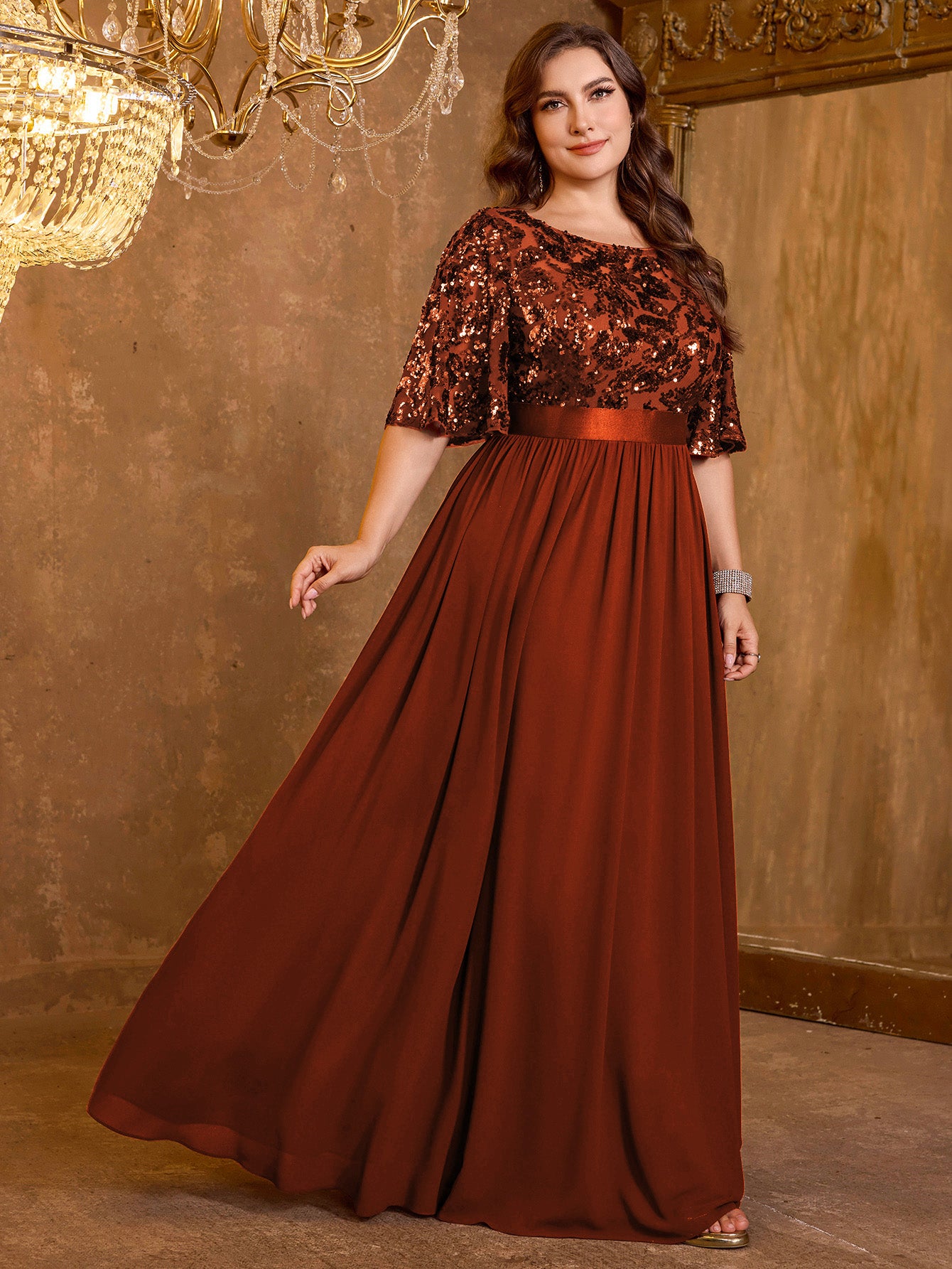 Elegant Formal Round Neck Lotus Leaf Five Quarter Sleeve Sequin Splicing Mesh Elegant Long Dress