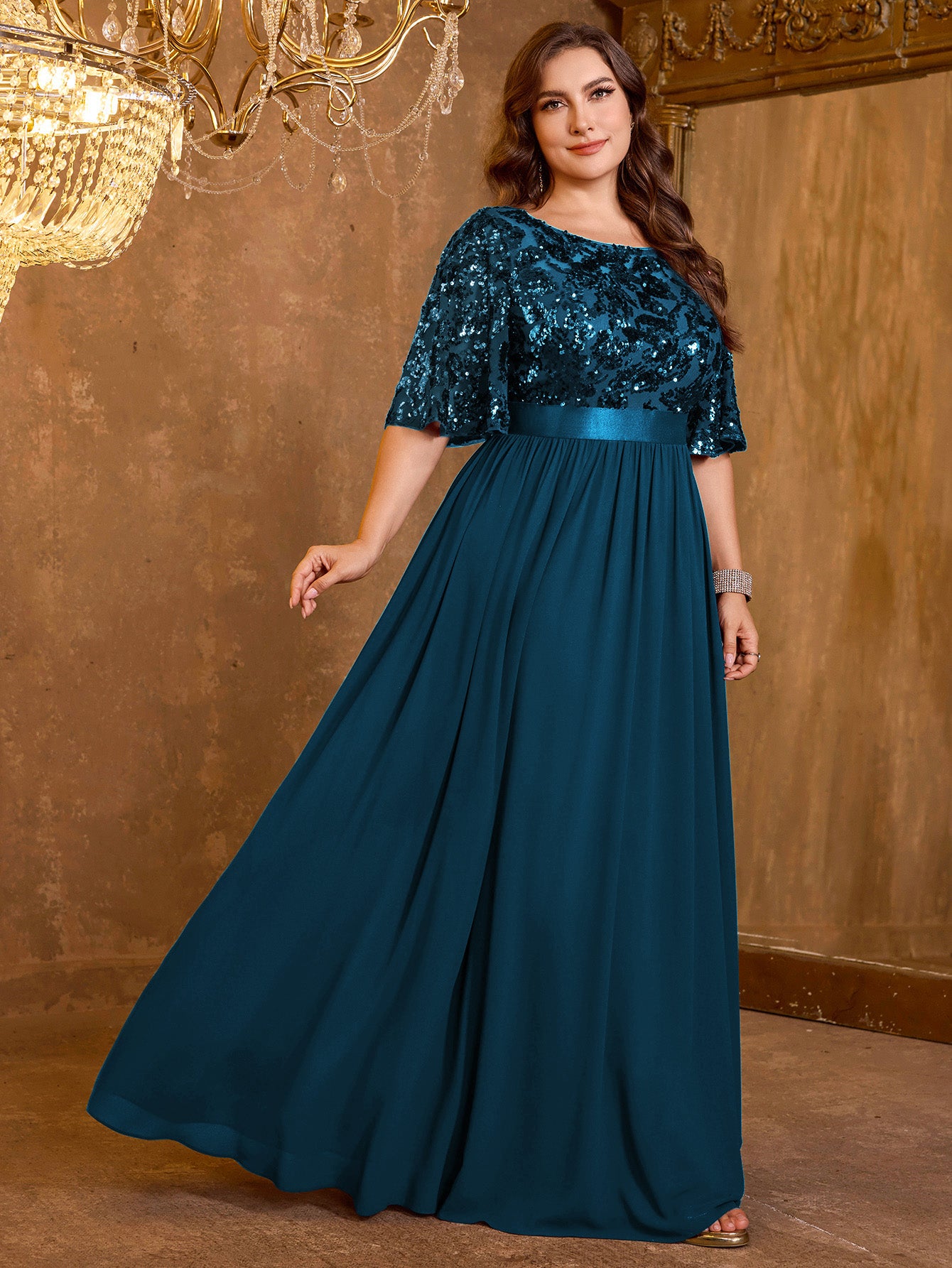 Elegant Formal Round Neck Lotus Leaf Five Quarter Sleeve Sequin Splicing Mesh Elegant Long Dress