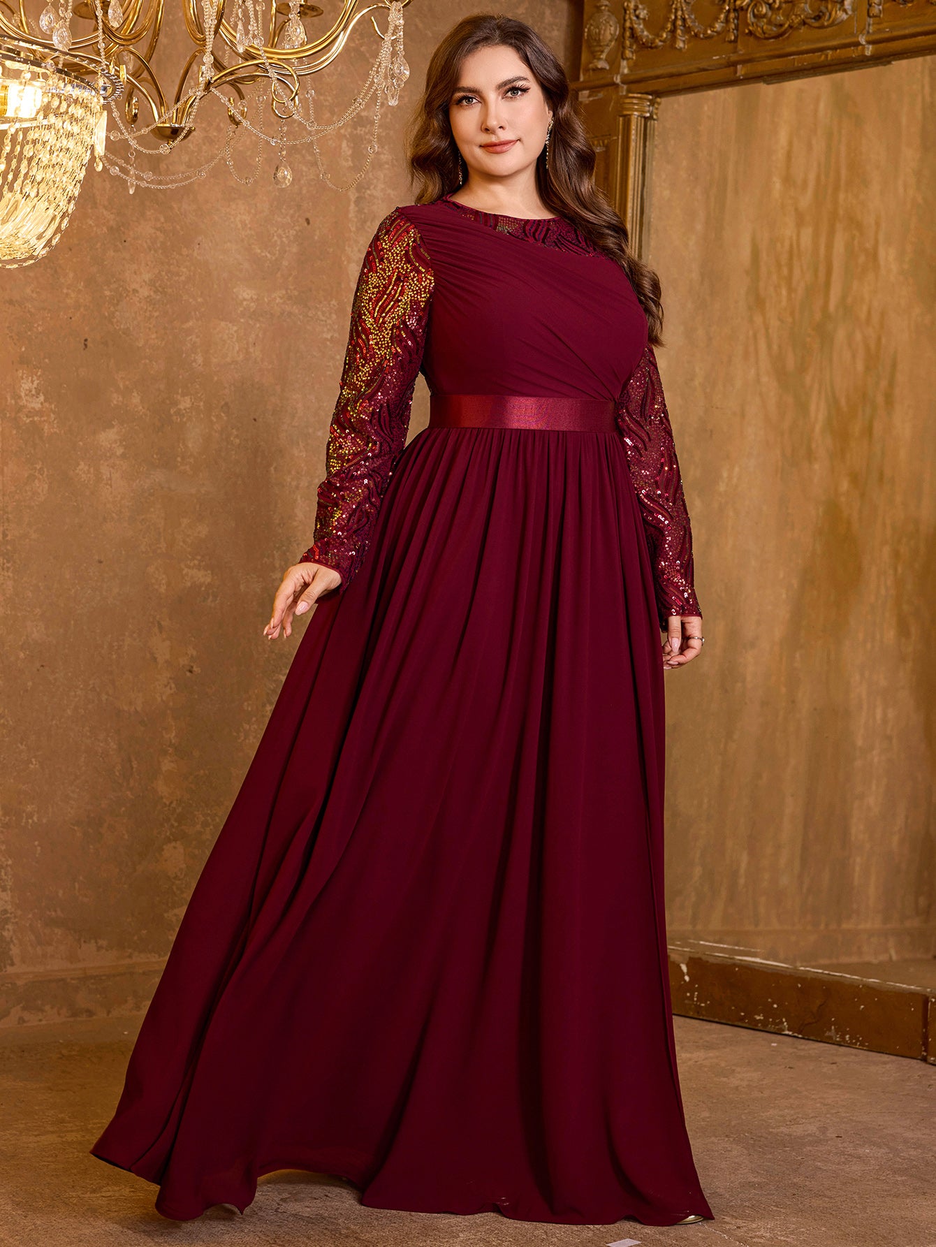 Elegant Round Neck Patchwork Heavy-Duty Long Sleeved Sequined Dress
