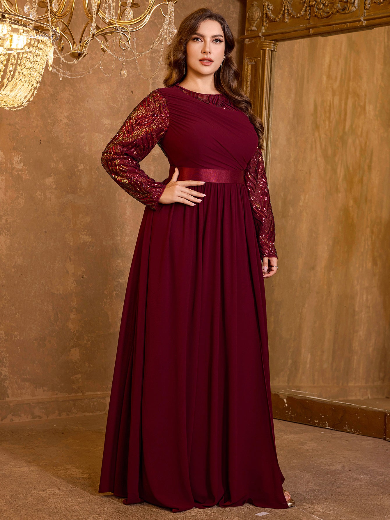 Elegant Round Neck Patchwork Heavy-Duty Long Sleeved Sequined Dress