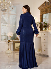 Navy Blue Sequin Satin Cuff A‑Line Plus Size Modest Evening Gown