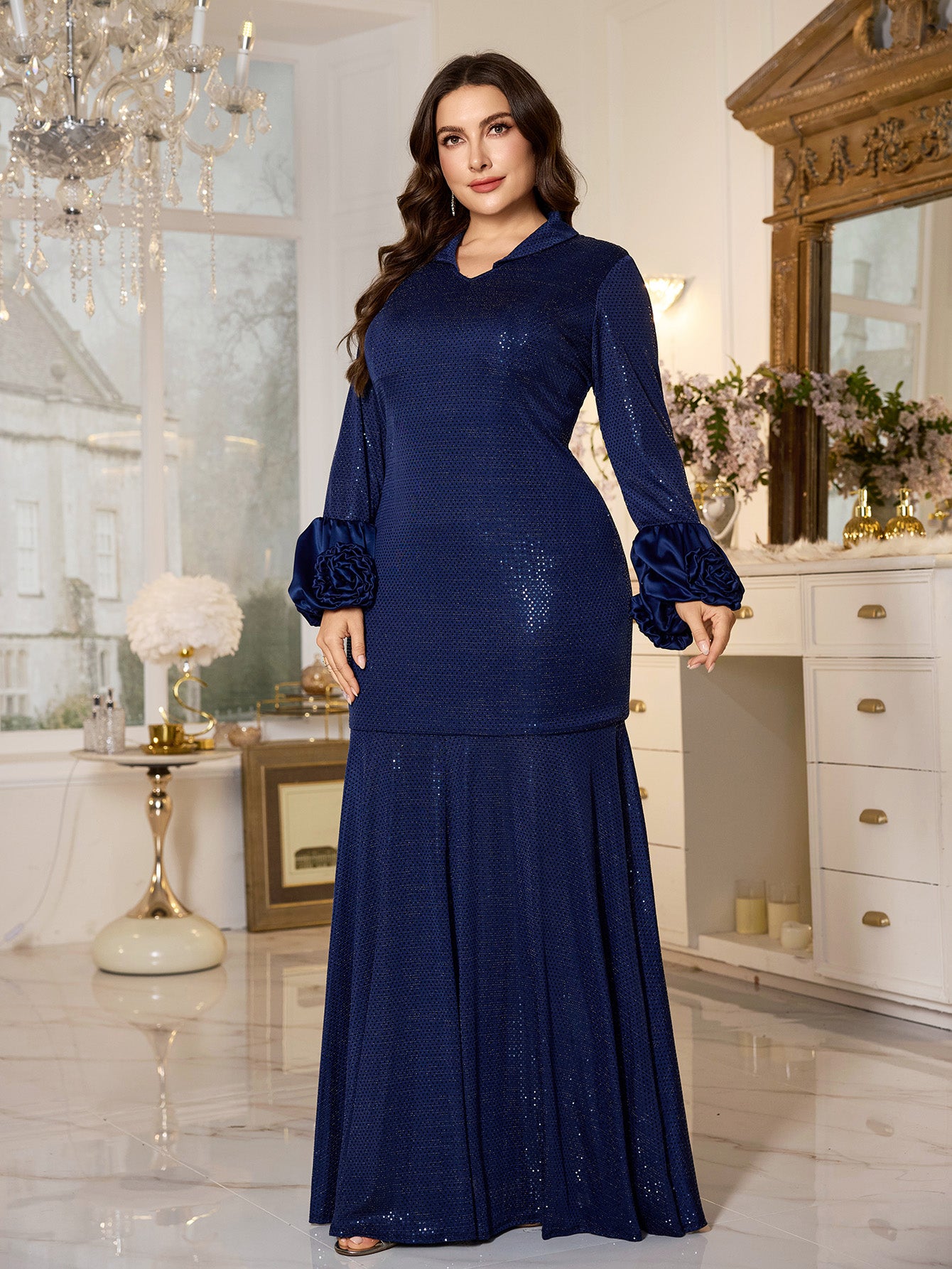 Navy Blue Sequin Satin Cuff A‑Line Plus Size Modest Evening Gown