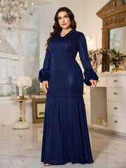 Navy Blue Sequin Satin Cuff A‑Line Plus Size Modest Evening Gown