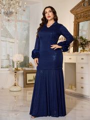Navy Blue Sequin Satin Cuff A‑Line Plus Size Modest Evening Gown