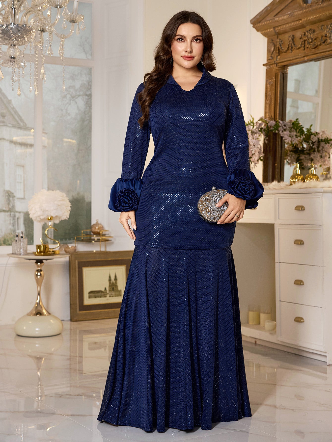 Navy Blue Sequin Satin Cuff A‑Line Plus Size Modest Evening Gown