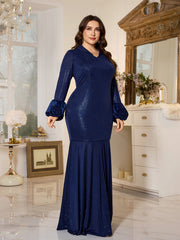 Navy Blue Sequin Satin Cuff A‑Line Plus Size Modest Evening Gown