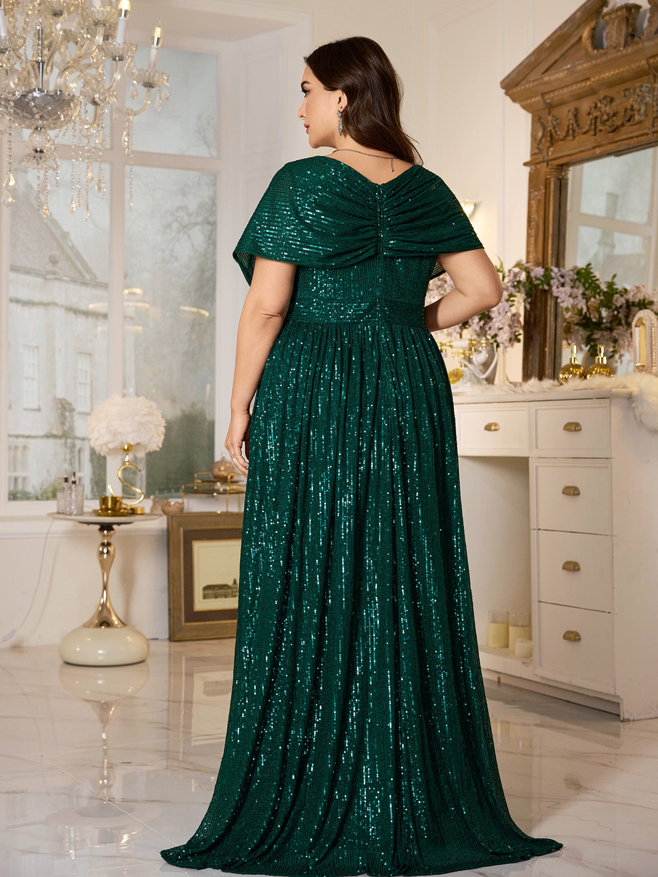 Emerald Green Sequin Dolman‑Sleeve High‑Waist A‑Line Plus Evening Gown