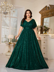 Emerald Green Sequin Dolman‑Sleeve High‑Waist A‑Line Plus Evening Gown