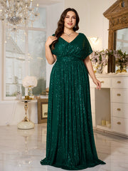 Emerald Green Sequin Dolman‑Sleeve High‑Waist A‑Line Plus Evening Gown