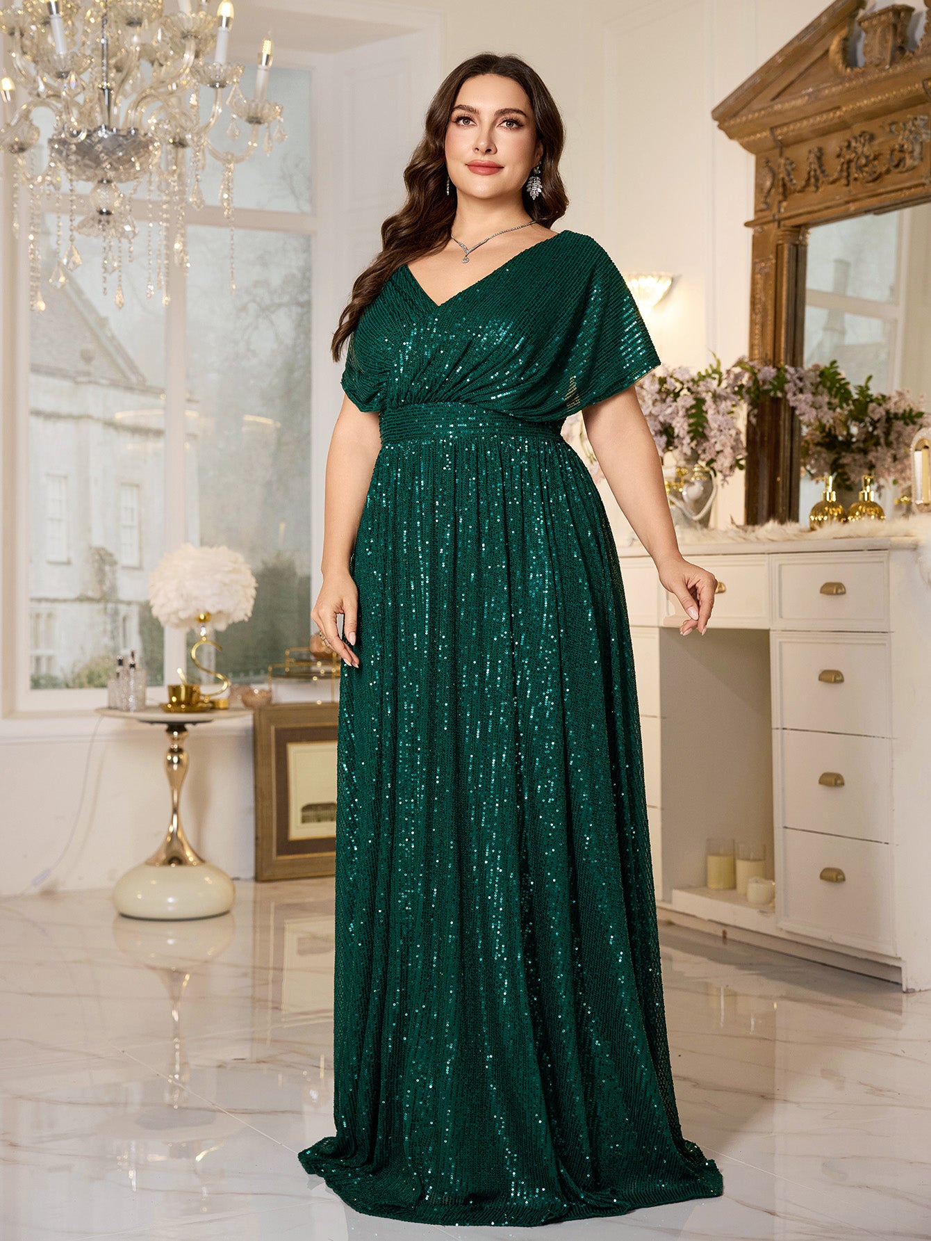 Emerald Green Sequin Dolman‑Sleeve High‑Waist A‑Line Plus Evening Gown