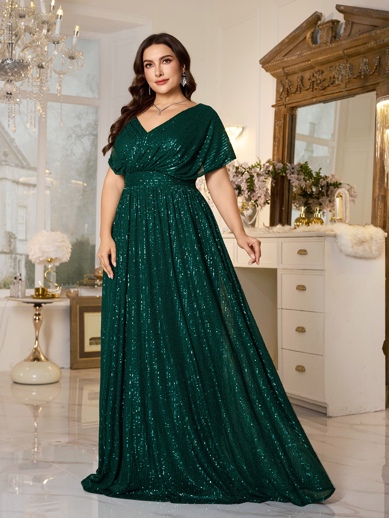 Emerald Green Sequin Dolman‑Sleeve High‑Waist A‑Line Plus Evening Gown