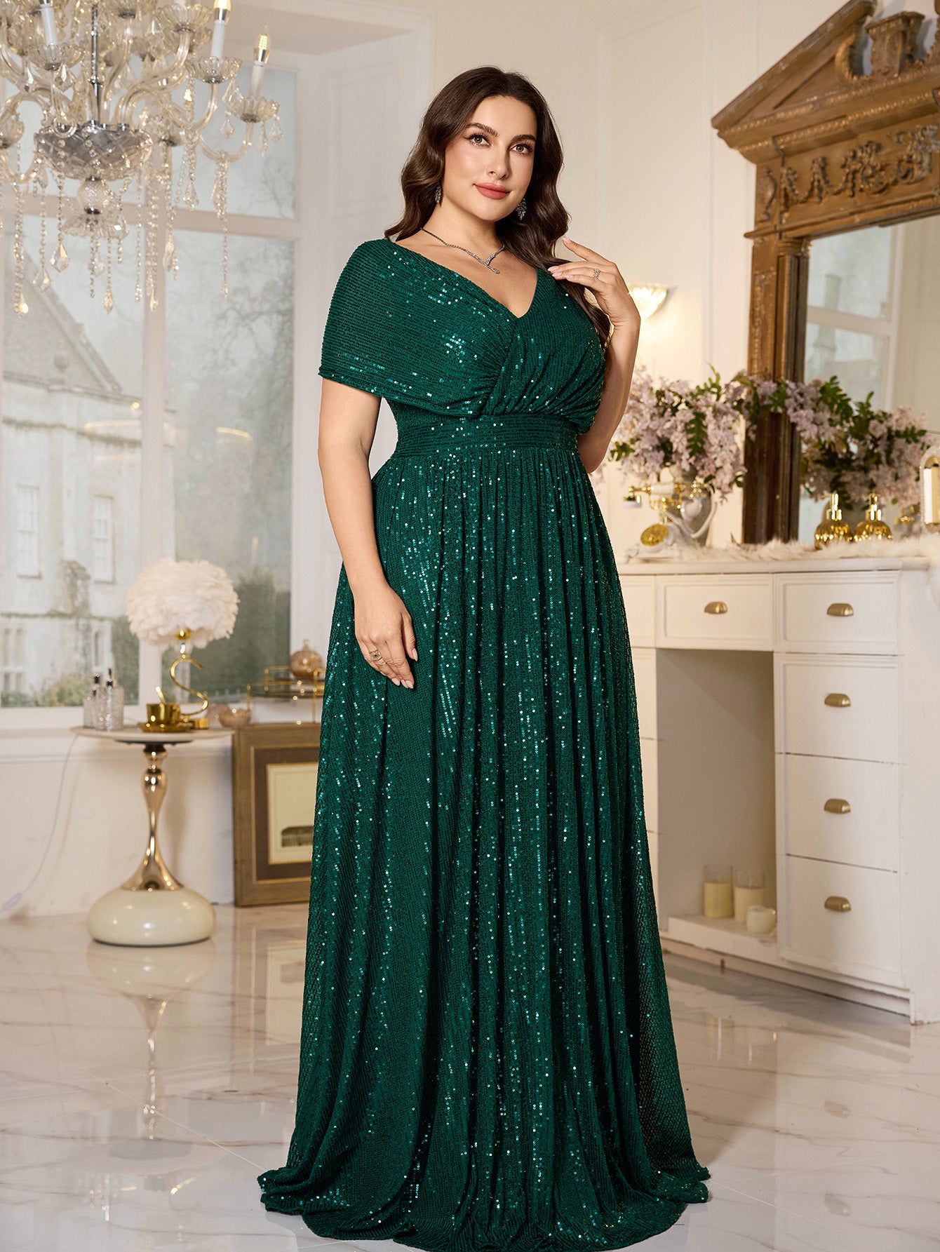 Emerald Green Sequin Dolman‑Sleeve High‑Waist A‑Line Plus Evening Gown