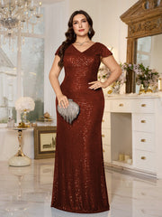 Teal Sequin Cap‑Sleeve Slit Sheath Plus Size Evening Gown