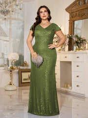 Teal Sequin Cap‑Sleeve Slit Sheath Plus Size Evening Gown