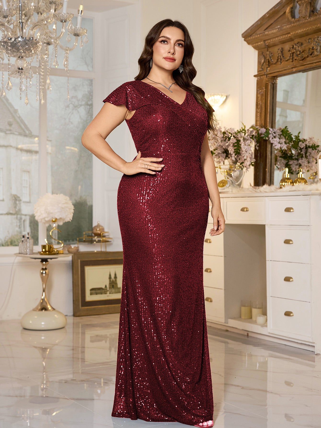 Teal Sequin Cap‑Sleeve Slit Sheath Plus Size Evening Gown