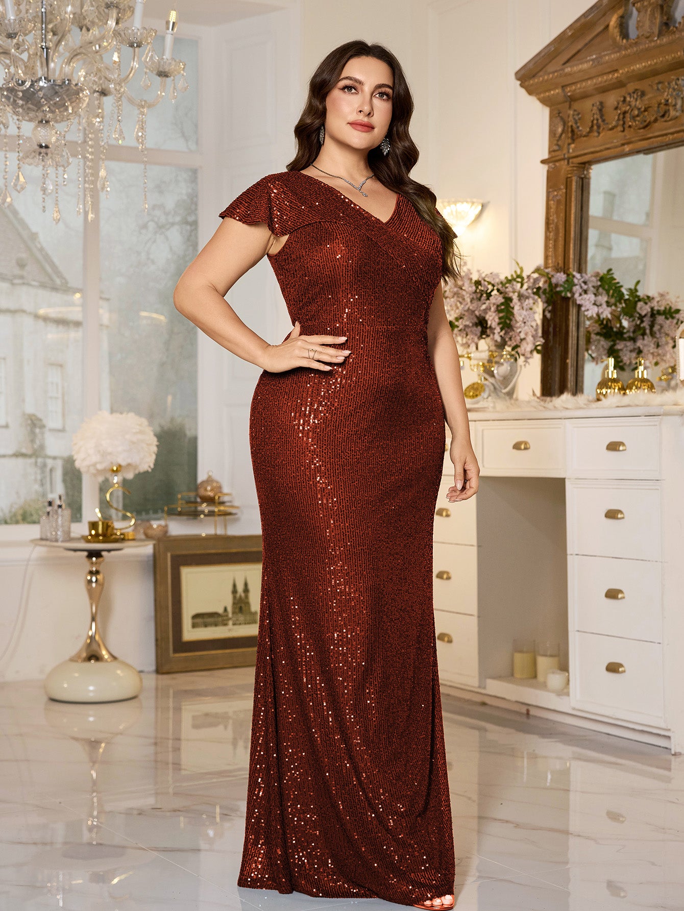 Teal Sequin Cap‑Sleeve Slit Sheath Plus Size Evening Gown