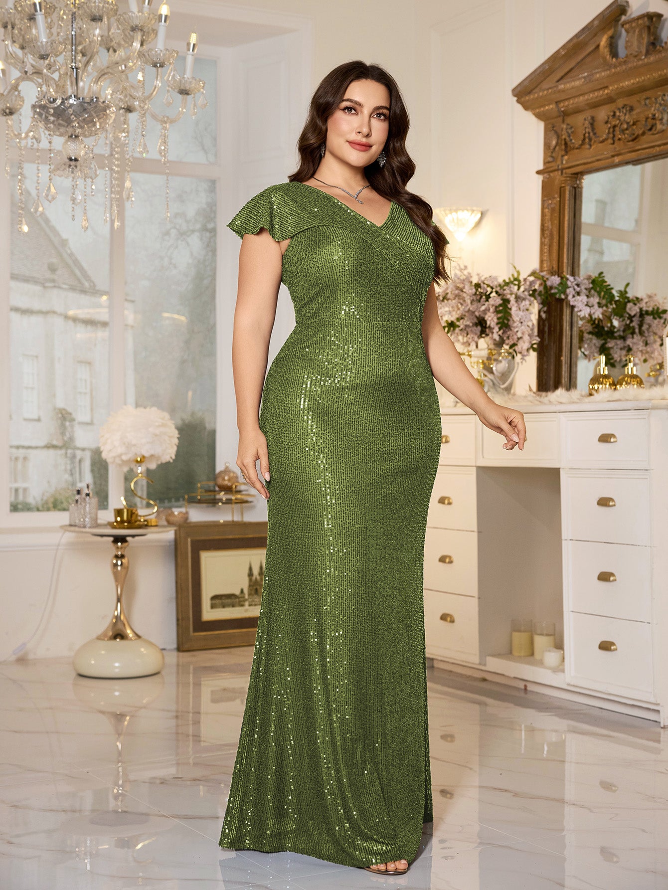 Teal Sequin Cap‑Sleeve Slit Sheath Plus Size Evening Gown