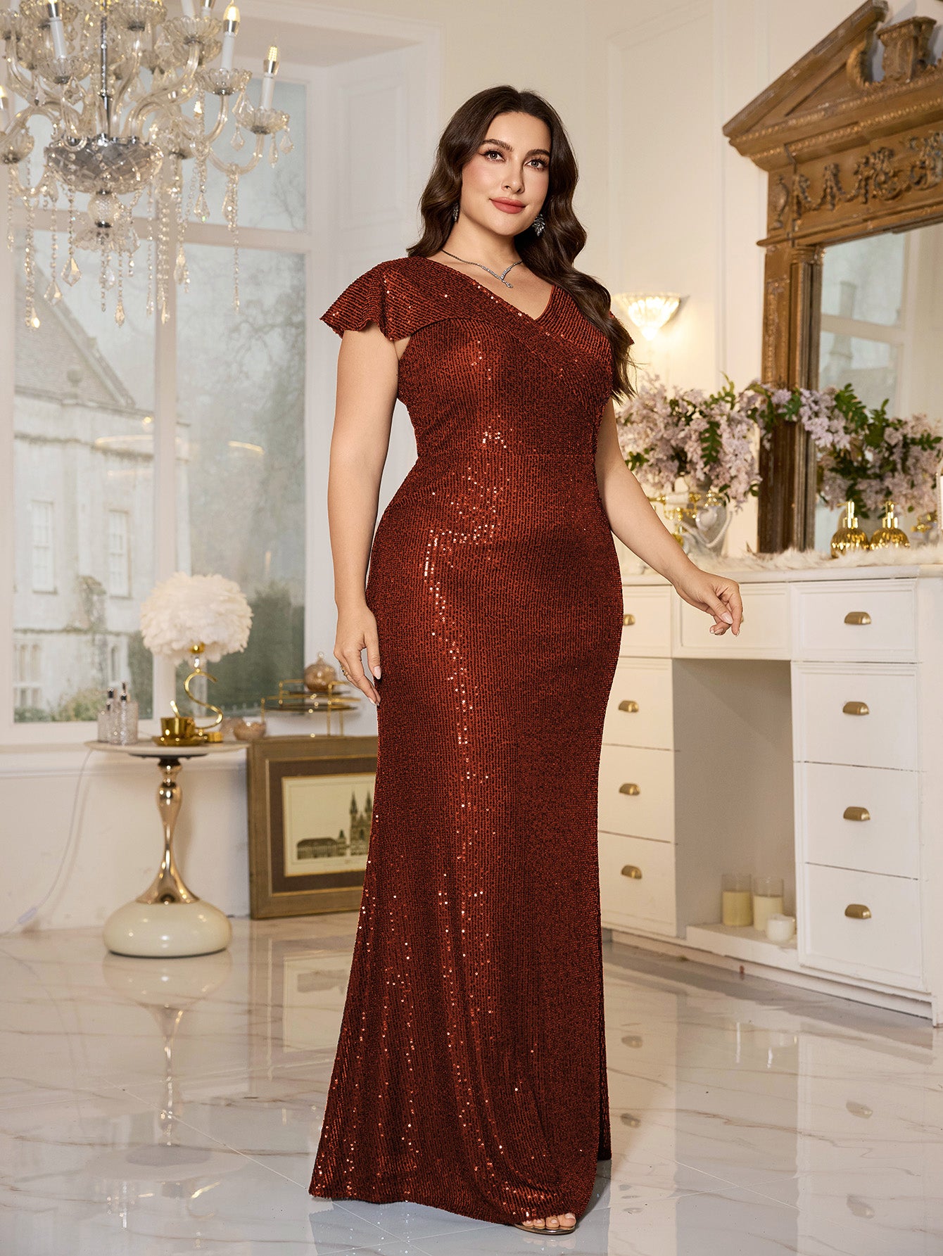 Teal Sequin Cap‑Sleeve Slit Sheath Plus Size Evening Gown